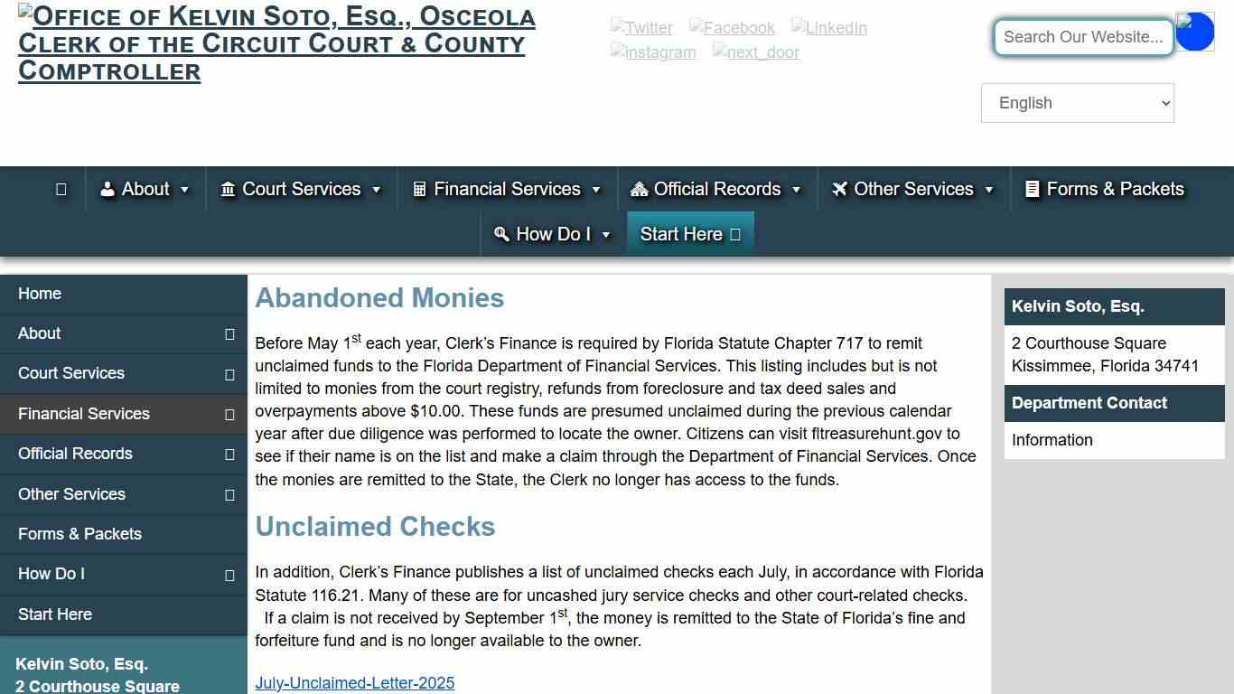 Outstanding Checks & Unclaimed Funds – Office of Kelvin Soto, Esq., Osceola Clerk of the Circuit Court & County Comptroller